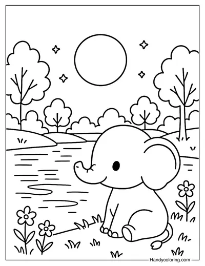 Elephant by the Lake Coloring Page
