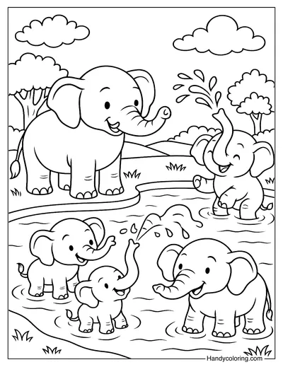 Elephant Family Water Splash Coloring Page