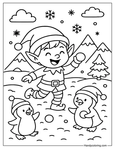Elf and Penguin Friends Coloring Page
