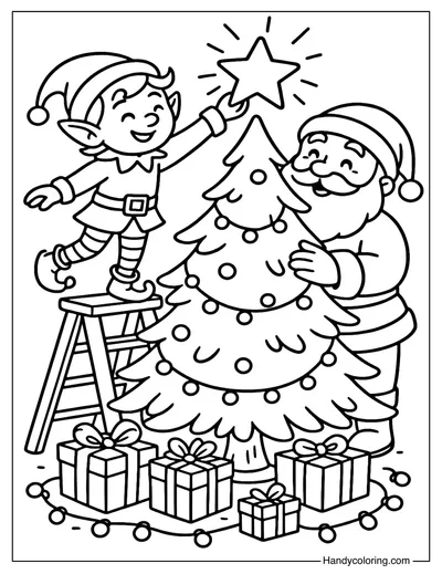 Elf and Santa Decorating Xmas Tree Coloring Page