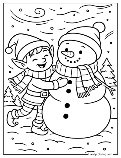 Elf and Snowman Coloring Page