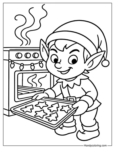 Elf Baking Christmas Cookies Coloring Page