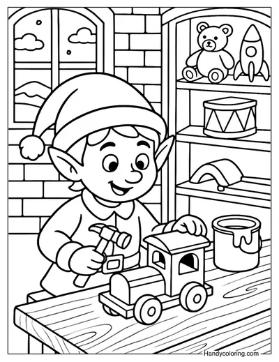 Elf Building a Toy Train Coloring Page