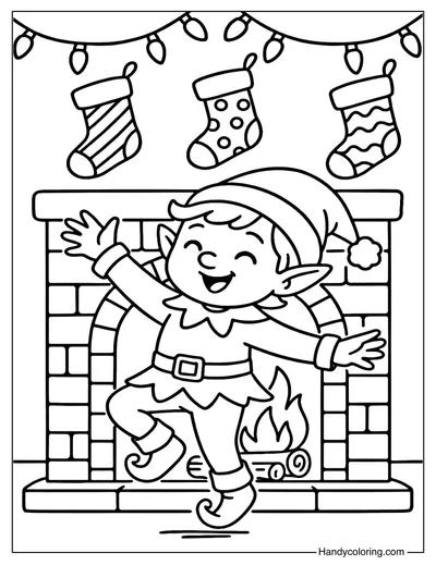 Elf Dancing Around the Fireplace Coloring Page