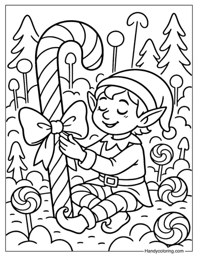 Elf Decorating Candy Canes Coloring Page