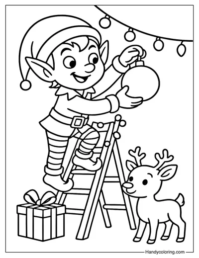 Elf Decorating Christmas Coloring Page