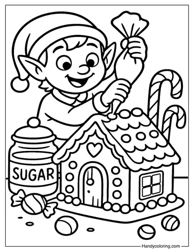 Elf Decorating Gingerbread House Coloring Page