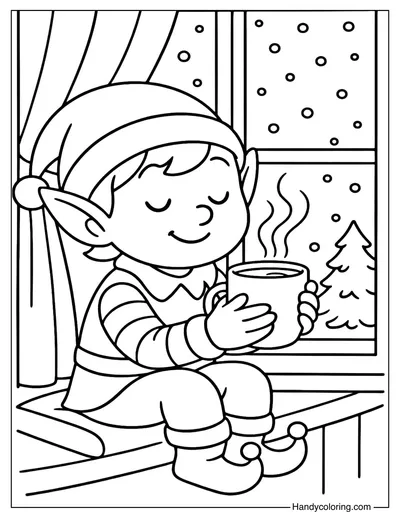 Elf Drinking Hot Cocoa Coloring Page