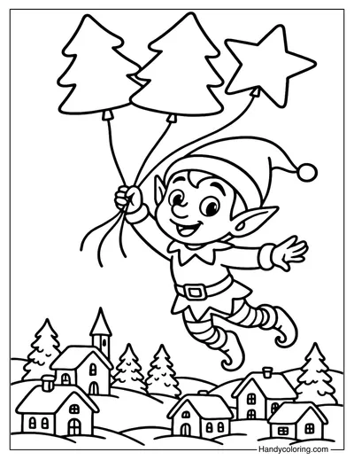 Elf Flying with Balloons Coloring Page