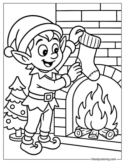 Elf Hanging Christmas Stockings Coloring Page