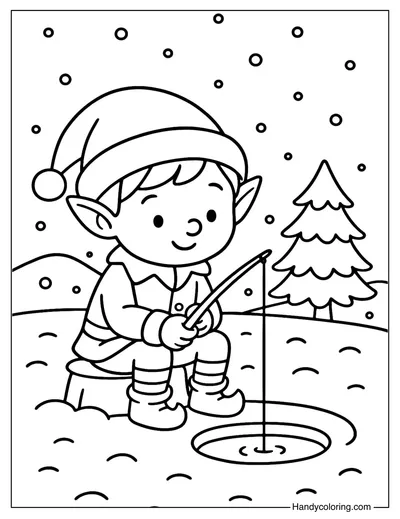 Elf Ice Fishing on Frozen Lake Coloring Page