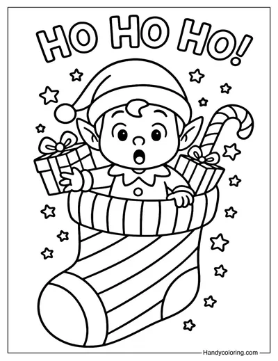 Elf in Christmas Stocking Coloring Page