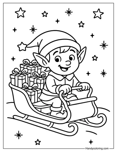 Elf in Santa Sleigh Coloring Page