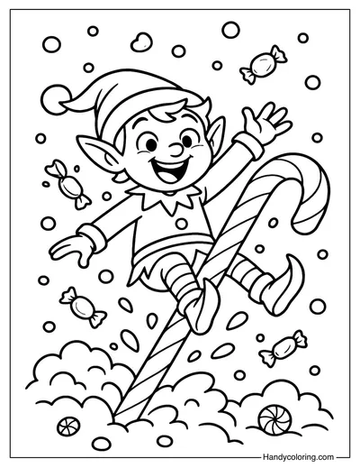 Elf on a Candy Cane Slide Coloring Page
