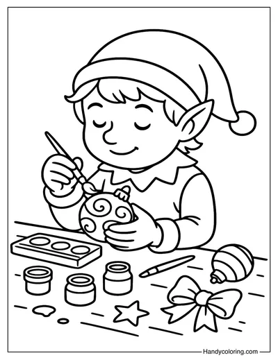 Elf Painting Christmas Ornaments Coloring Page