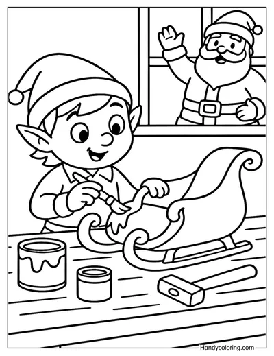 Elf Painting Santa Sleigh Coloring Page
