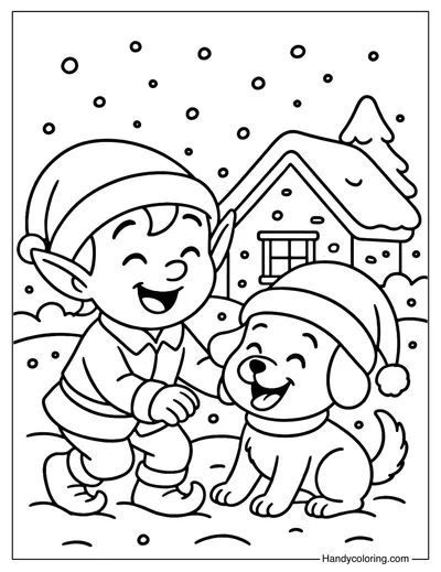 Elf Playing with a Puppy Coloring Page