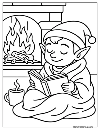 Elf Reading by the Fireplace Coloring Page