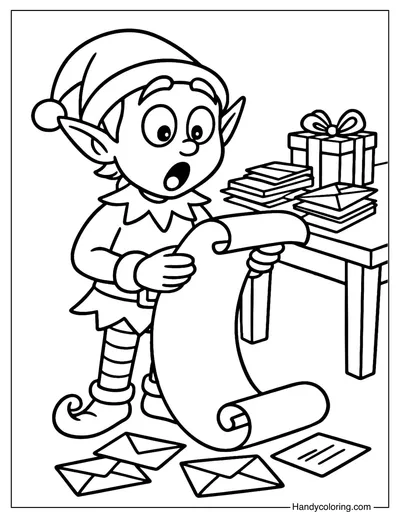 Elf Reading Santa List Coloring Page