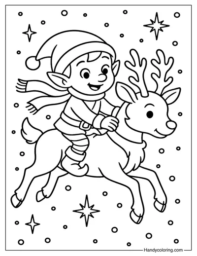 Elf Riding a Reindeer Coloring Page