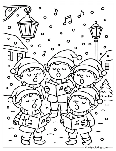 Elf Singing Christmas Carols Coloring Page