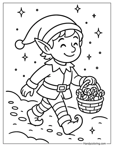 Elf with Christmas Candy Basket Coloring Page