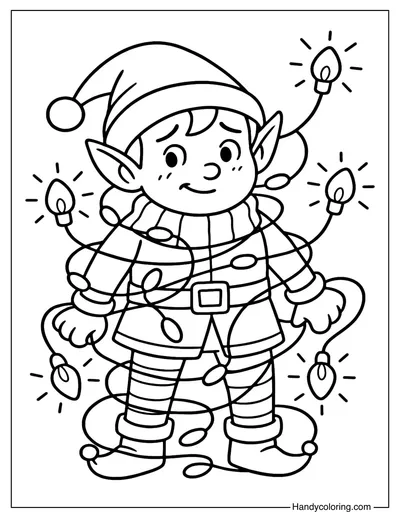 Elf with Christmas Lights Coloring Page