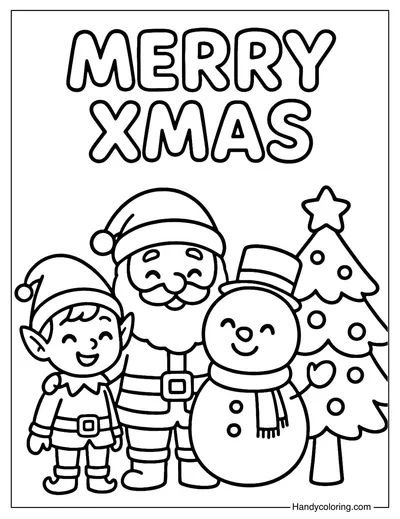 Elf with Santa and Snowman Coloring Page