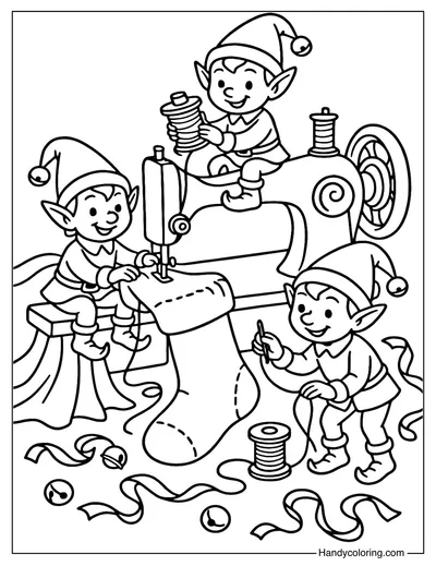 Elf Workshop Stockings Coloring Page