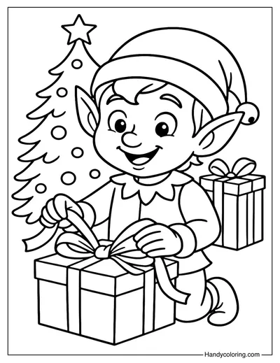 Elf Wrapping Christmas Gifts Coloring Page