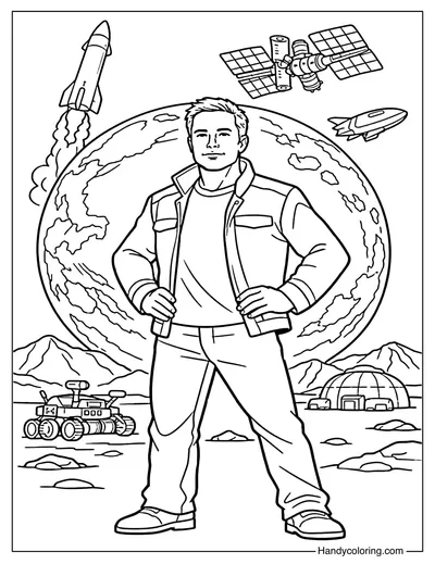 Elon Musk and Mars Coloring Page