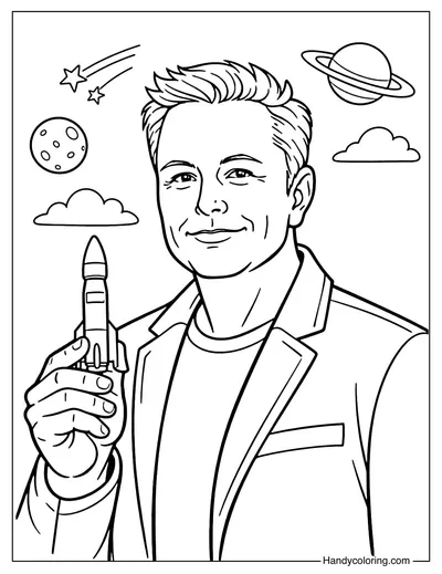 Elon Musk Holding Rocket Model Coloring Page