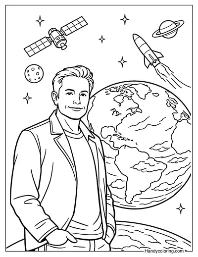 Elon Musk with Earth Coloring Page
