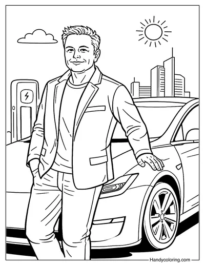 Elon Musk with Electric Car Coloring Page