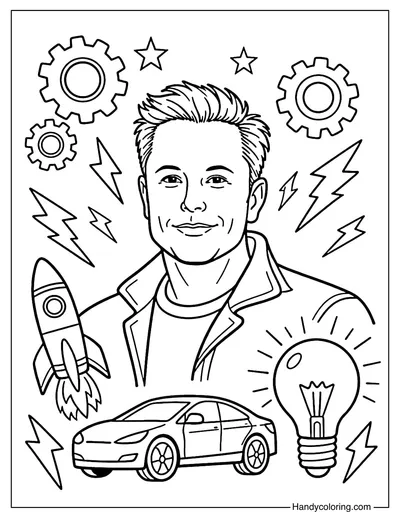 Elon Musk with Innovation Symbols Coloring Page