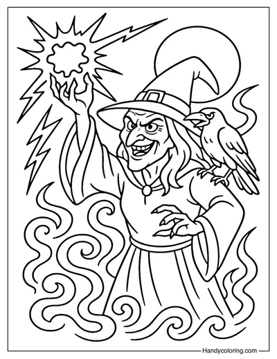 Evil Witch Casting Dark Spell Coloring Page
