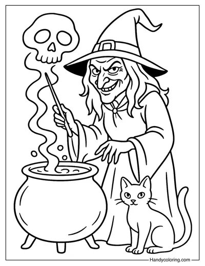 Evil Witch with Magic Cauldron Coloring Page