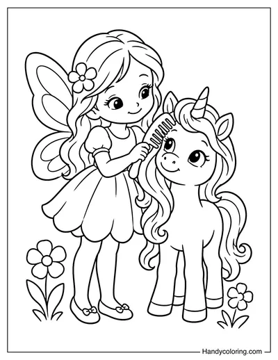 Fairy Brushing a Unicorn's Mane