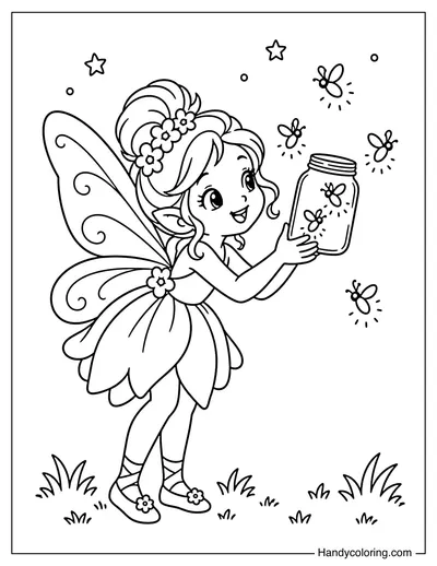 Fairy Catching Fireflies in a Jar