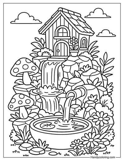 Fairy Cottage Waterfall Coloring Page