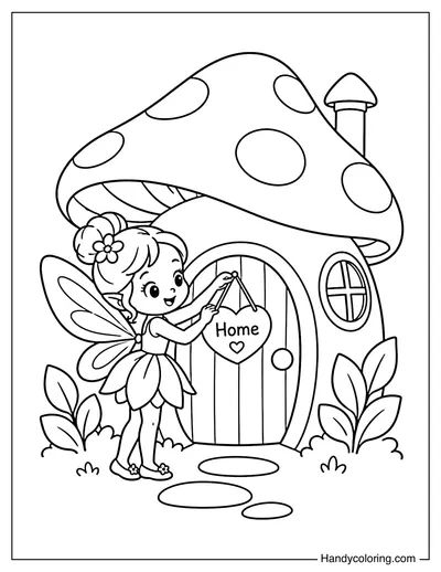 Fairy Decorating a Mushroom House Sign