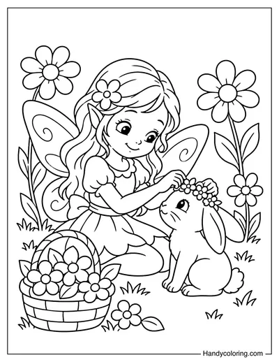 Fairy Making a Flower Crown for a Bunny