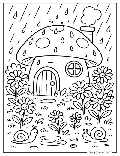 Fairy Mushroom House in the Rain Coloring Page