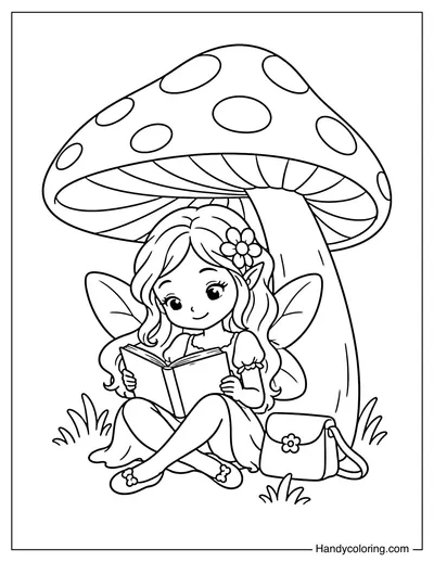 Fairy Reading Under a Mushroom Umbrella