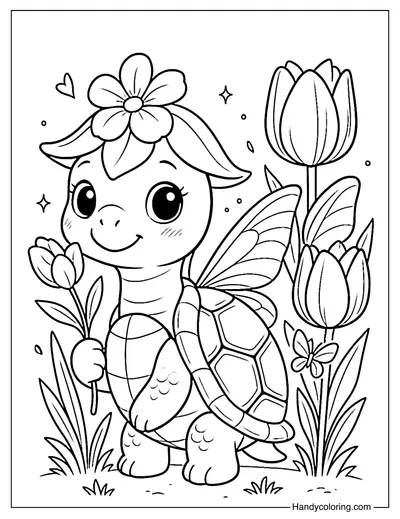 Fairy Turtle in Tulip Garden Coloring Page