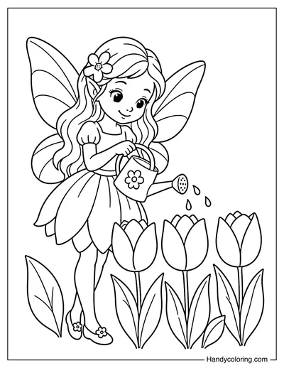 Fairy Watering a Row of Giant Tulips