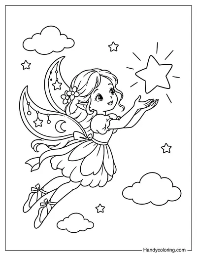 Fairy with Crescent Moon Wings Catching a Star