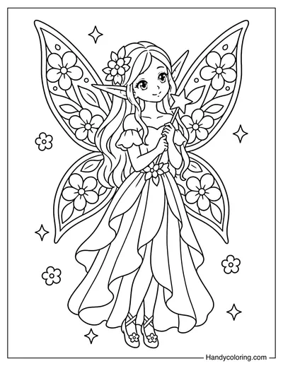 Fairy with Long Floral Wings Holding a Magic Wand