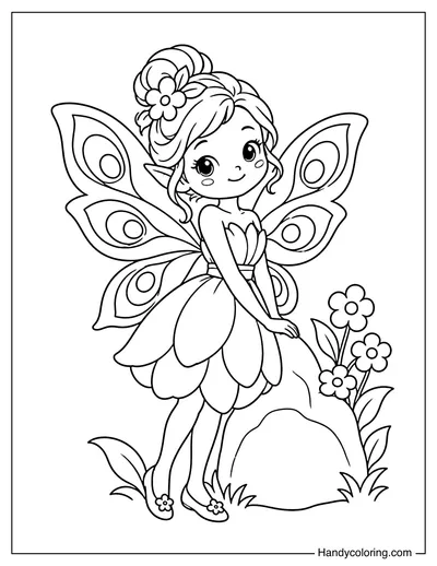 Fairy with Peacock Feather Wings by a Garden Stone