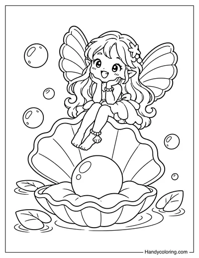 Fairy with Seashell Wings Sitting on a Pearl Clam